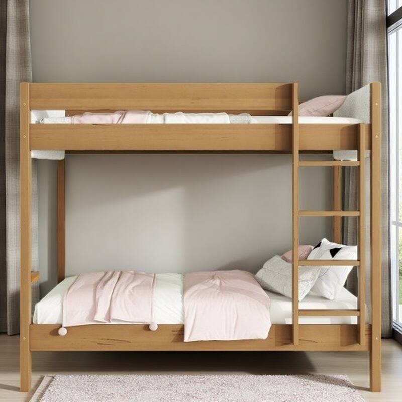 Twin Over Twin Solid Wood Bunk Bed with Teddy Fleece Panels, with Ladder & Guardrails, Underbed Storage Space - Natural