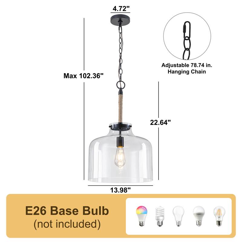 Starsky 1-Light Clear Glass Bell Jar / Cloche Pendant With Rope Accent