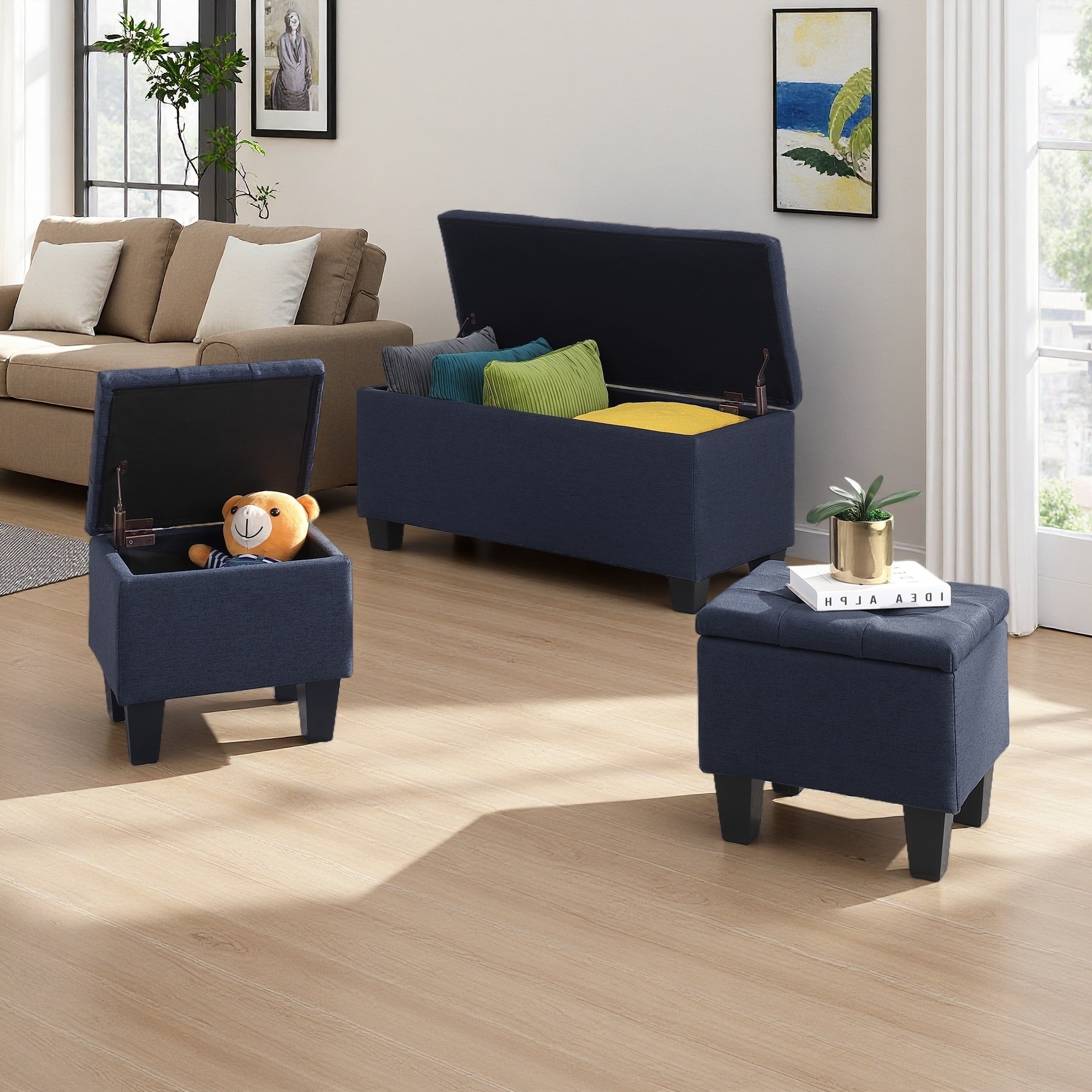 38.58"L 3-in-1 Large Storage Ottoman Bench Set, Tufted Linen Ottoman, 250 lbs Capacity, Multifunctional Storage for Living Room