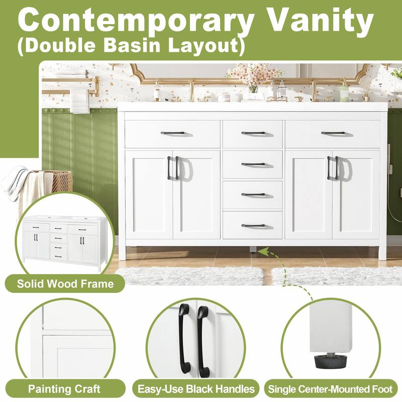 59.3" Modern Double Sink Bathroom Vanity with SMC Sinks, Solid Wood Frame, Soft-Close Doors & Drawers, Adjustable U-Shaped Shelf
