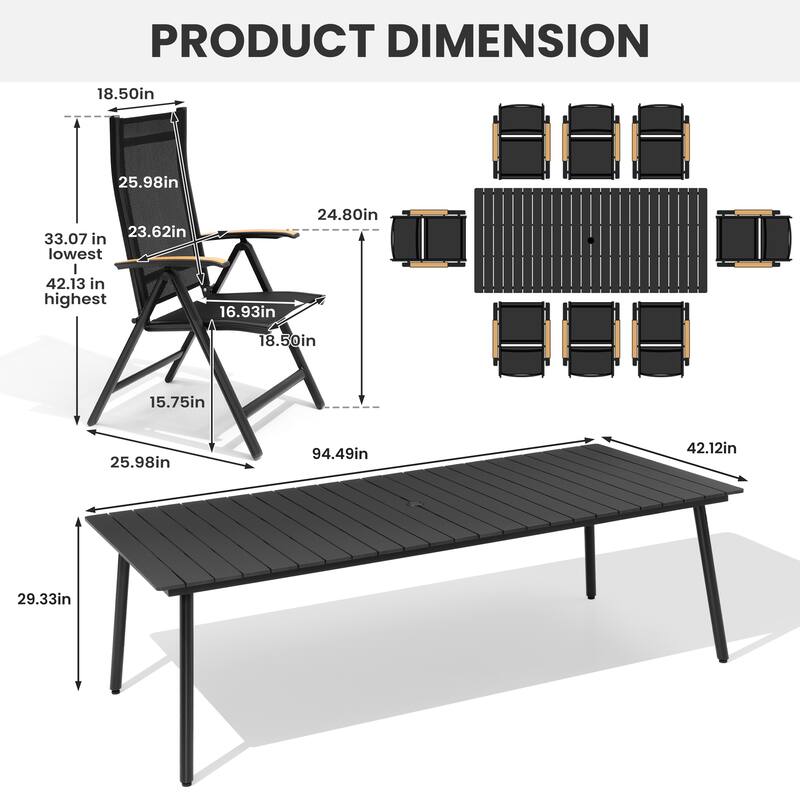 7/9-Piece Outdoor Aluminum Patio Dining Set Adjustable Folding Chairs and Dining Table with Umbrella Hole