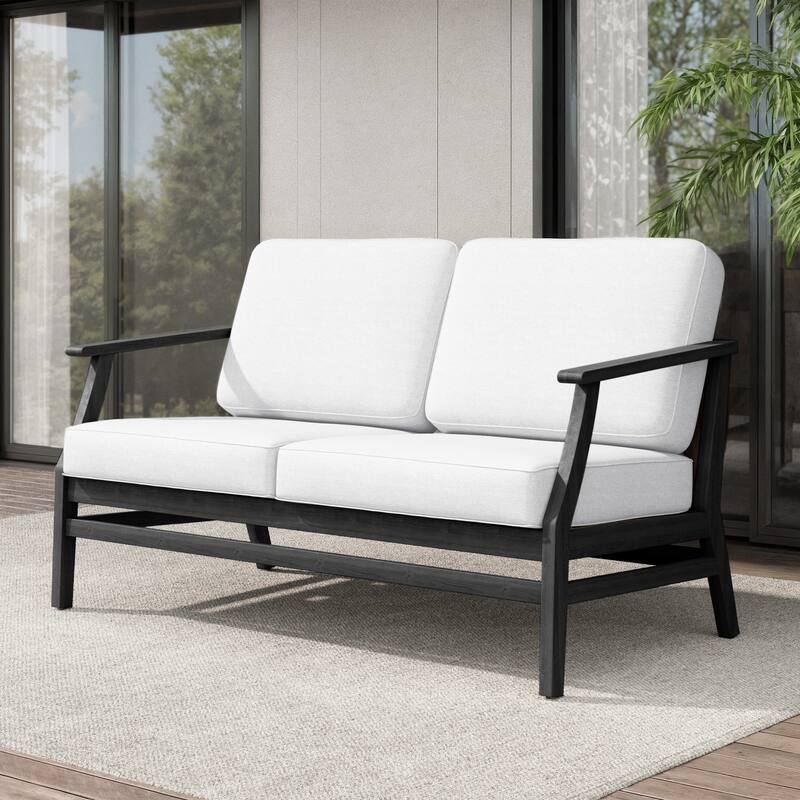Teak Outdoor Patio Club Chairs Loveseat with Cushions - Black Wood - Loveseat/Beige