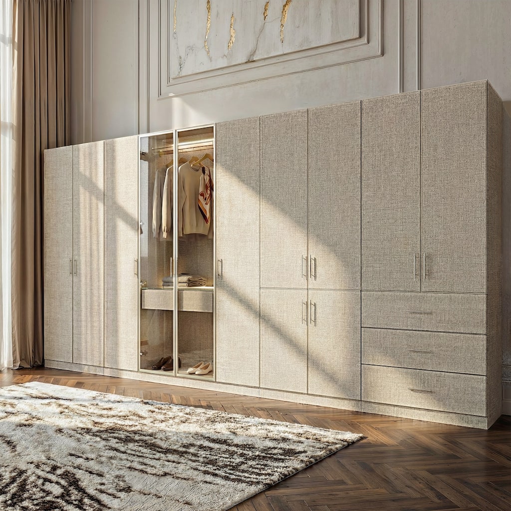 Modular Wardrobe Closet with Aluminum Frame Glass Doors Closet Organizer Modern Fabric Finish Storage Cabinet