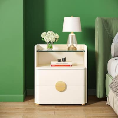 White MDF Glass Nightstand with Gold Metal Legs and Storage Drawers