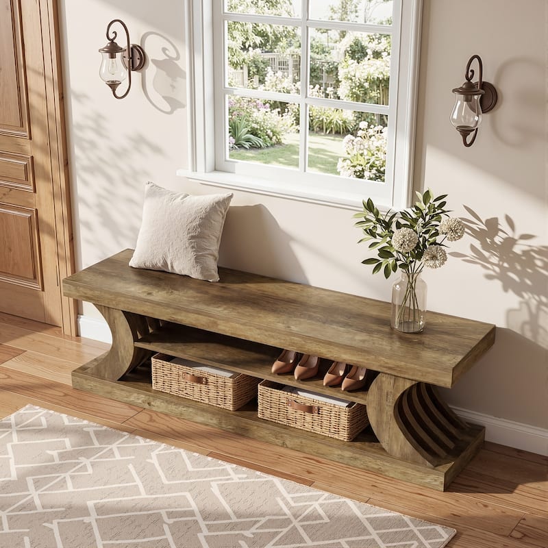 63" Entryway Bench, End of Bed Bench with Open Shelves, Shoe Storage Bench for Bedroom, Foryer, Hallway