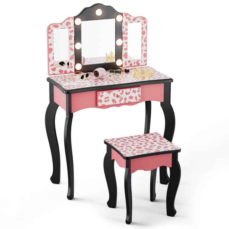 Kids MDF Vanity Table Set In Pink With 1 Drawer With 3-Color Dimmable LED Bulb - N/A