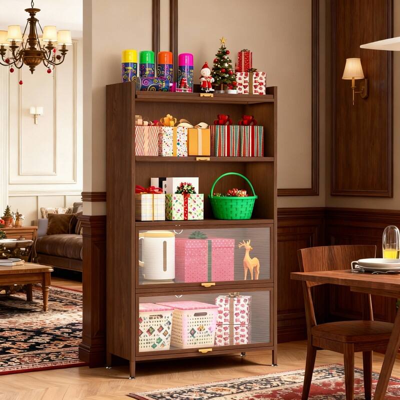 Walnut Finish 4-Door Flip Cabinet, 57" Tall Metal Storage Unit for Home & Office