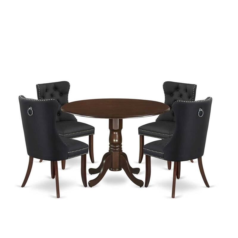 Modern 5 Piece Dining Set - Round Table with Dropleaf & 4 Chairs - Mahogany Finish