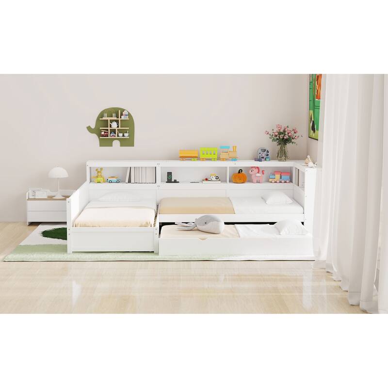Wood Twin Size L-shaped Platform Bed with Trundle and a Drawer