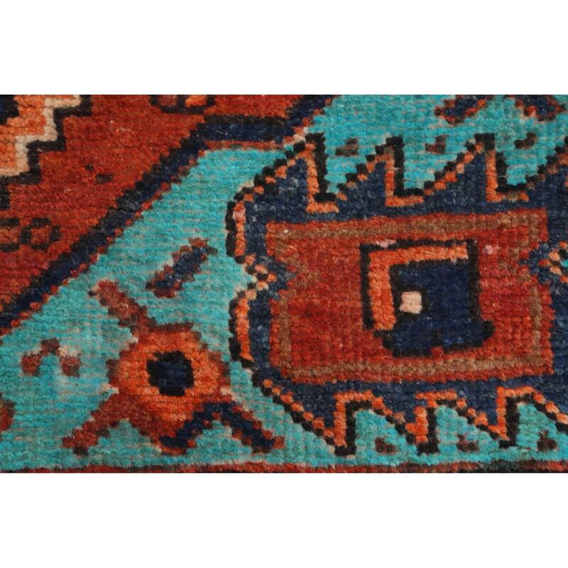 Hand Knotted Oriental 100% Wool Carpet Traditional Geometric Oranges & Rust Heriz Runner Rug - 10' 7'' X 3' 1''