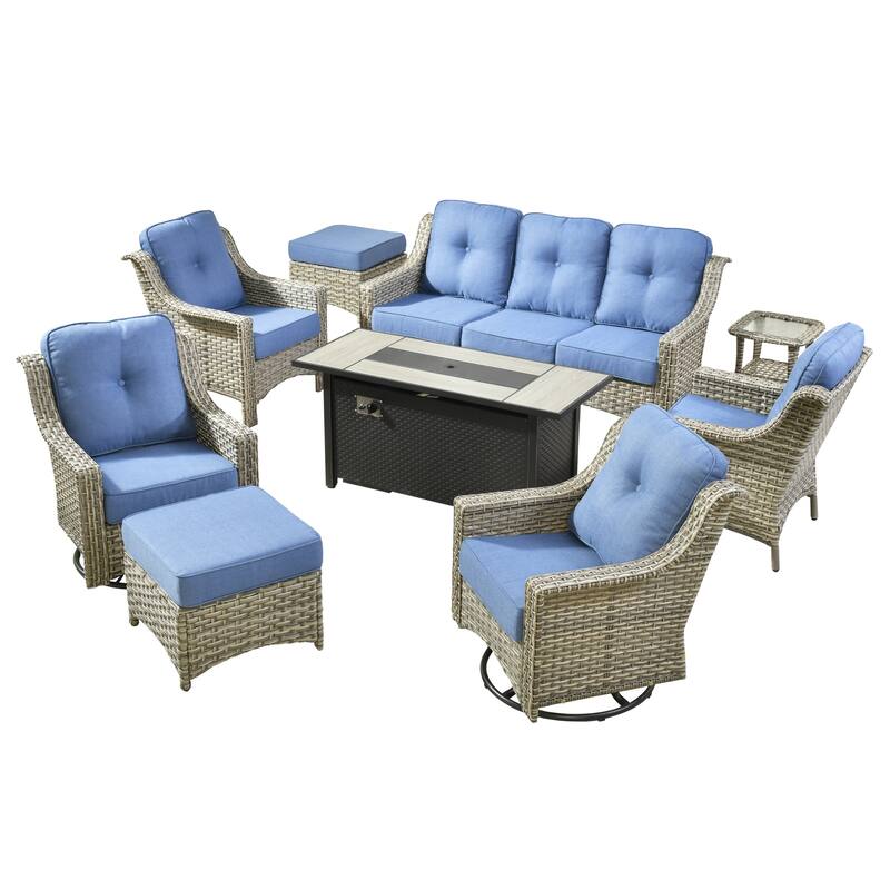 HOOOWOOO 9-piece Rattan Outdoor High Backrest Swivel Chair Set with 54"Fire Pit