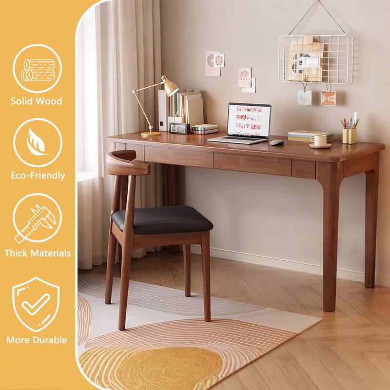 Anmytek Mid Century Modern Walnut Solid Wood Writing Desk with 2 Drawers and Storage Shelf