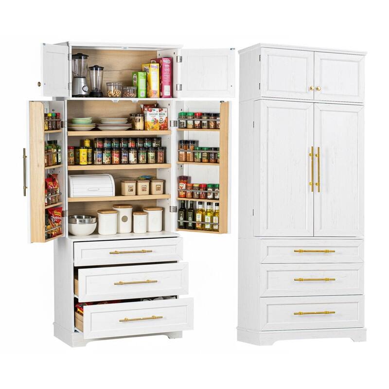 Farmhouse 78.2" Kitchen Pantry Cabinet with 4 Doors, 3 Adjustable Shelves and 3 Drawers