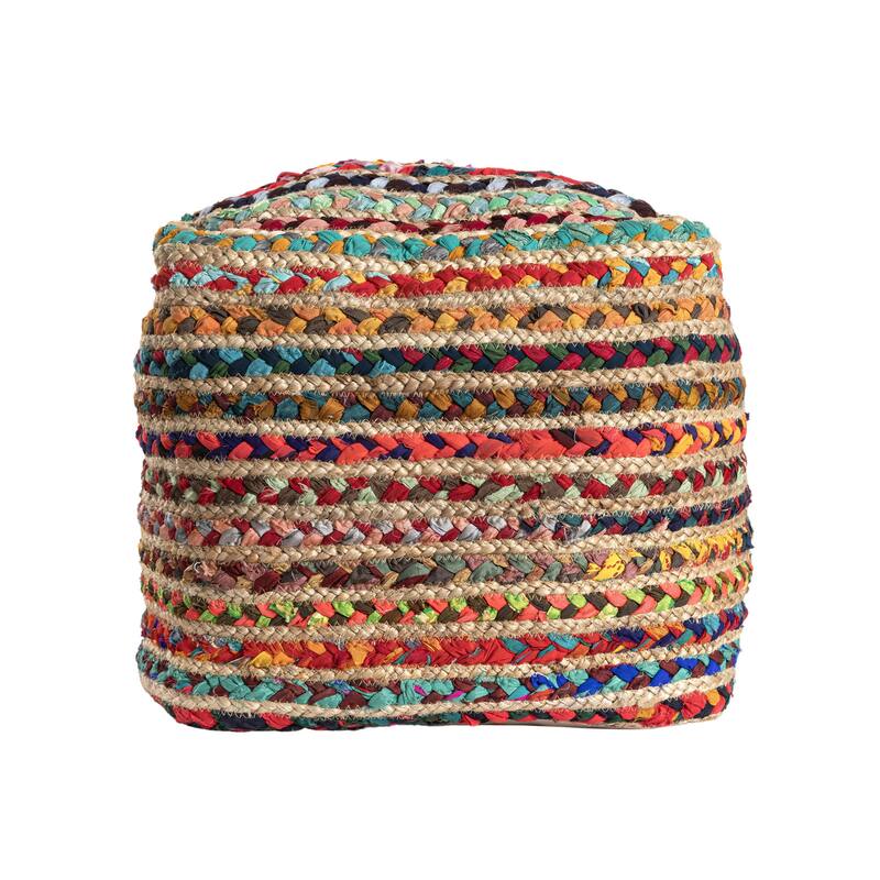 HomeRoots 18" Natural and Rainbow Braided Jute And Polyester Striped Pouf Ottoman
