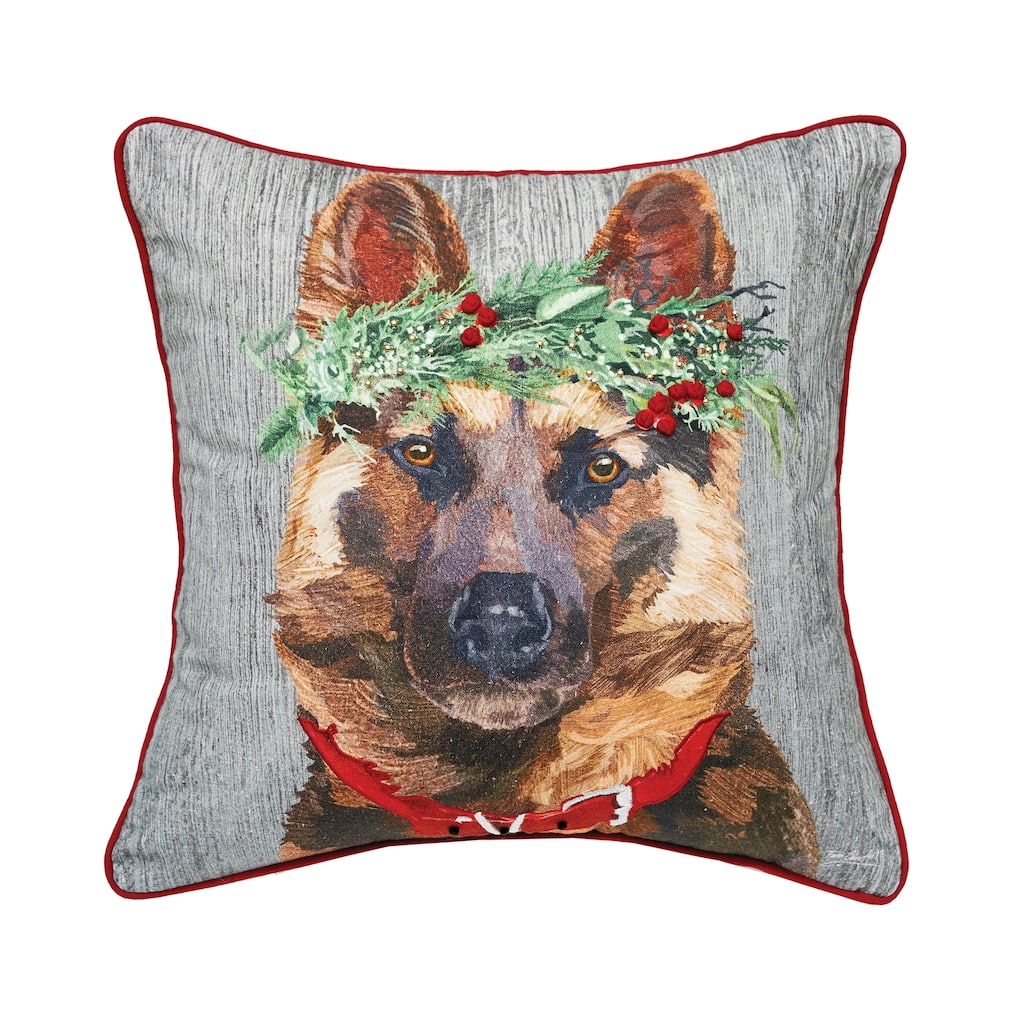 18" x 18" German Shepard Dog Wearing a Red Holly Flower Crown Printed & Embellished Throw Accent Decor Pillow