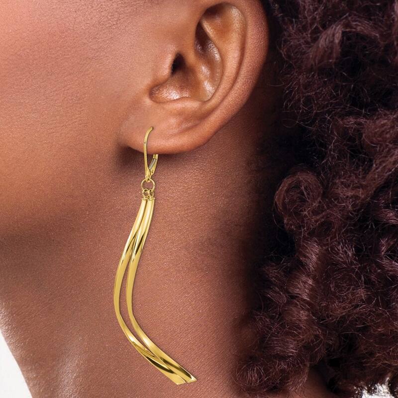 Curata 14k Yellow Gold Polished 73.25x2.5mm Double Row Waves Leverback Earrings