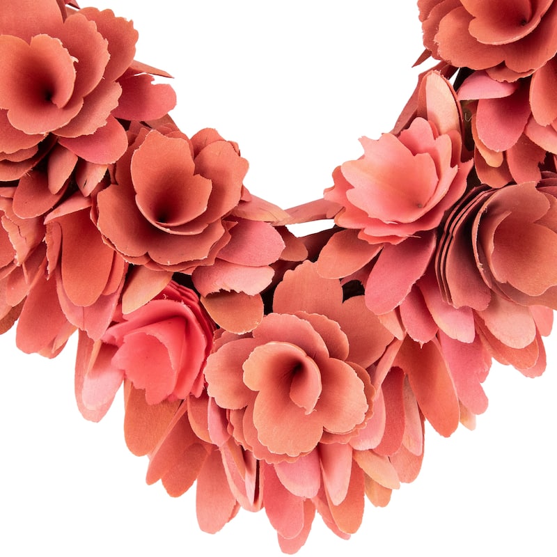 Wooden Floral Heart Valentine's Day Wreath - 14" - Salmon Pink