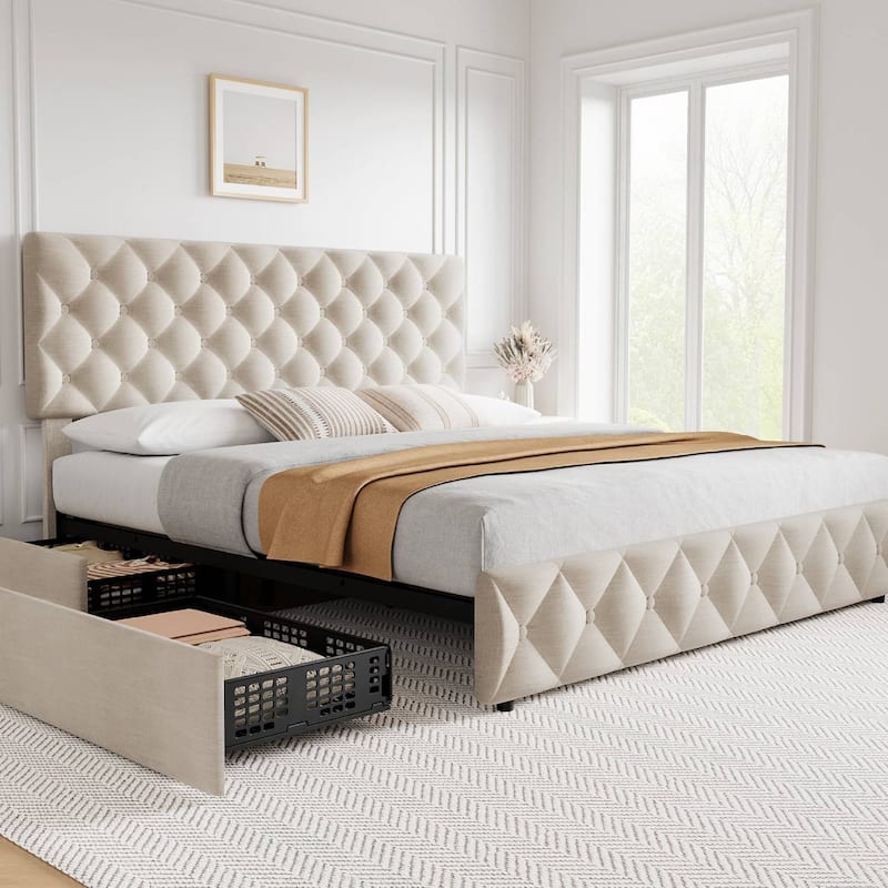 Bed Frame with 4 Storage Drawers and Adjustable Headboard