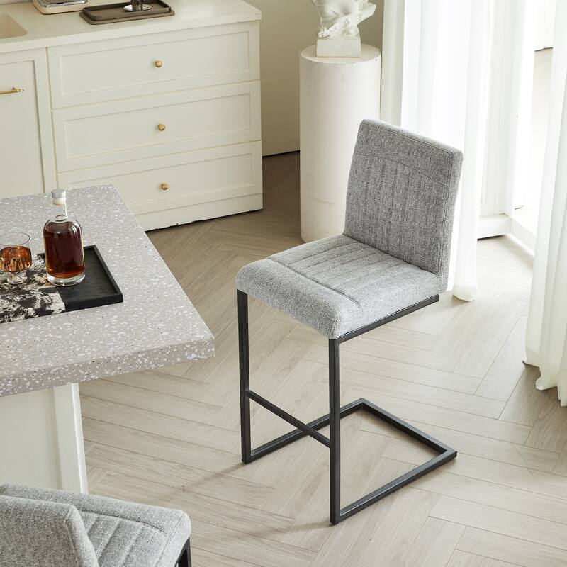 Set of 2 Light Gray Fabric Bar Stools, Sturdy Black Metal Frame, Counter Height for Kitchen & Living Room