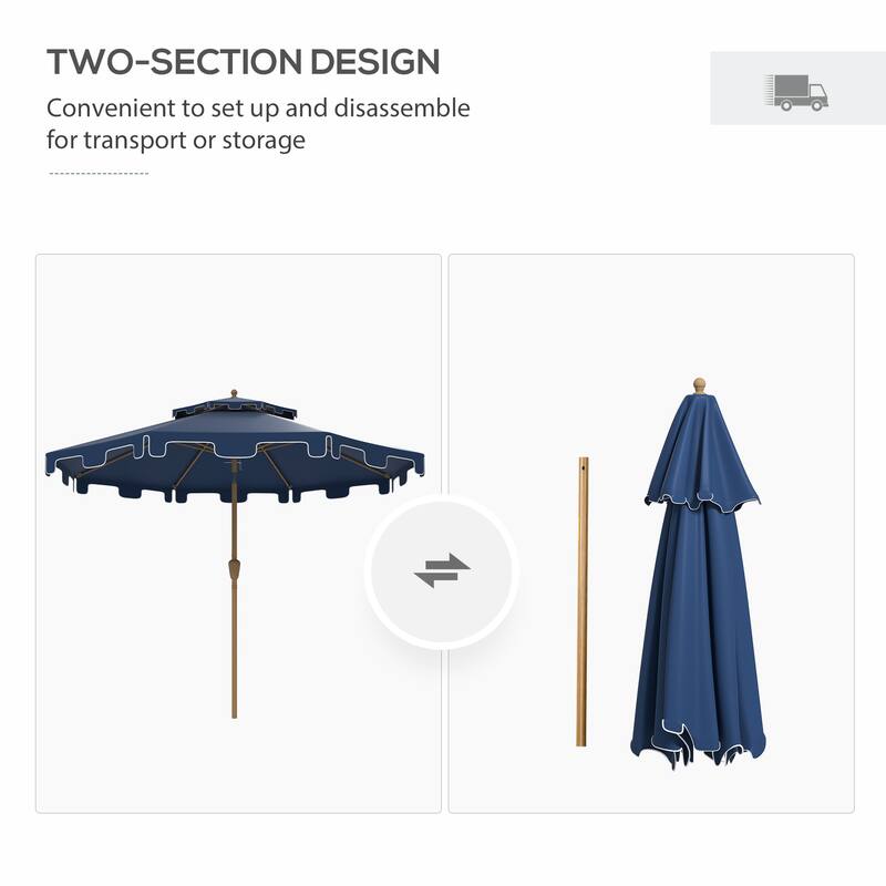 9' Patio Umbrella with Push Button Tilt and Crank, Double Top Ruffled Outdoor Market Table Umbrella with 8 Ribs