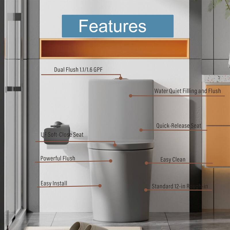 Elongated One Piece Toilet Dual Flush 1.1/1.6 GPF Water Saving Comfort Seat Height, Map 1000g