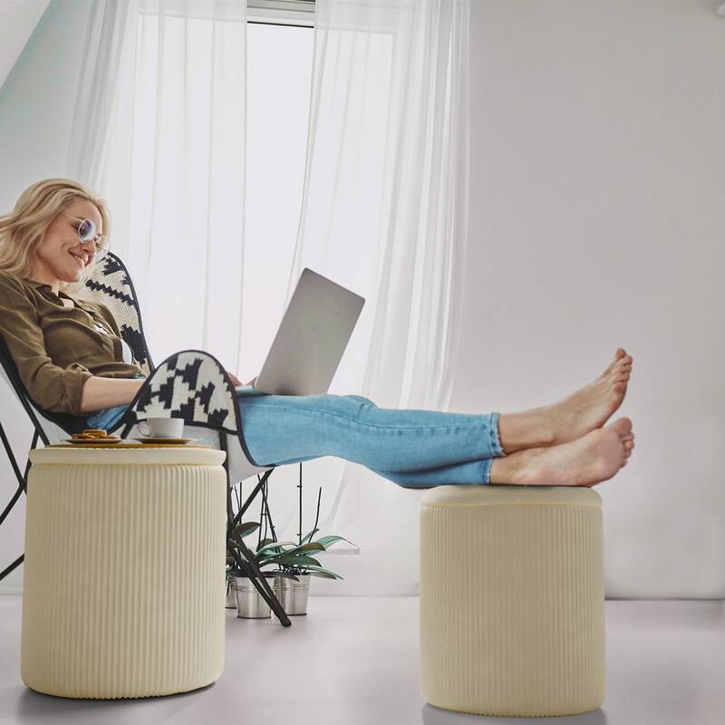 BOSSIN Round Ottoman with Storage Set of 2, Velvet Vanity Stool, Pouf Ottoman Foot Rest