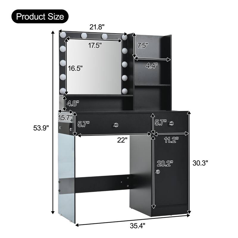 Vanity Desk with Mirror & Lights, Glass Top Dressing Table, Makeup Table with Charging Station, 2 Drawers & Cabinet