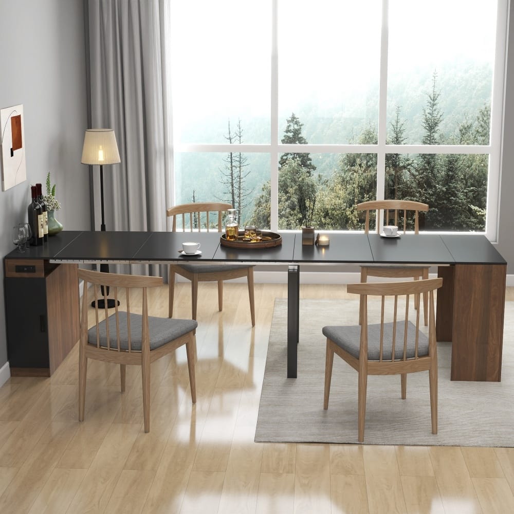 118.11" Modern Wood Multifunctional Extendable Dining Table with Outlet and Storage
