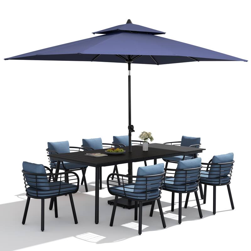 11PC Outdoor Patio Dining Set Aluminum Table with Sunbrella Cushion Chairs w/ Premium Market Umbrella Sets