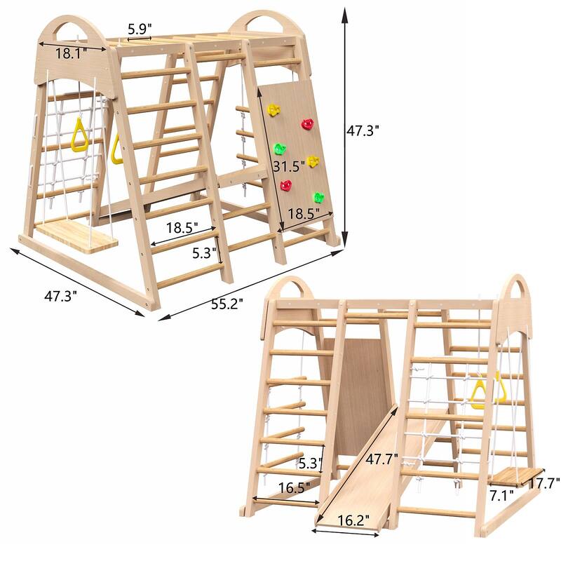 Kids 7-in-1 Natural Wood Indoor Play Gym Safe Playset for Motor Skills and Physical Activity Fun - 55.2”L x 47.3”W x 47.3”H