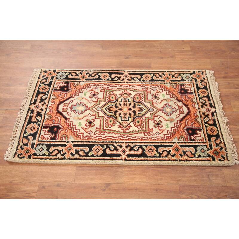 Hand Knotted Oriental 100% Wool Carpet Traditional Medallion Beige & Ivories Heriz (serapi) Area Rug - 3' 0'' X 2' 0''