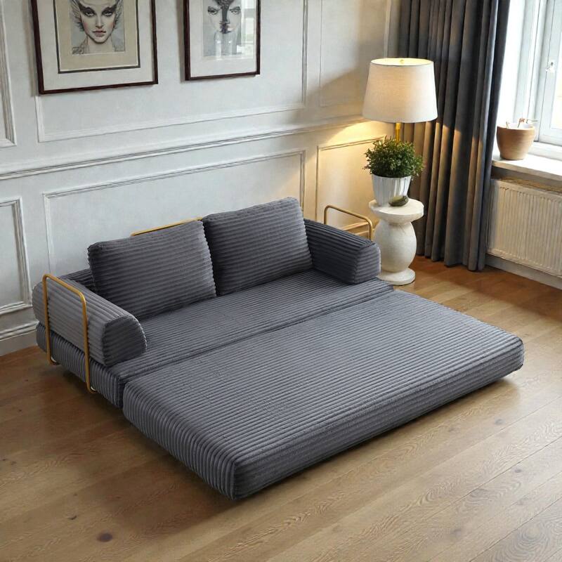 Convertible Sofa Bed Futon, Corduroy Folding Floor Couch with Pillows, Boneless Sleeper Mattress for Living Room