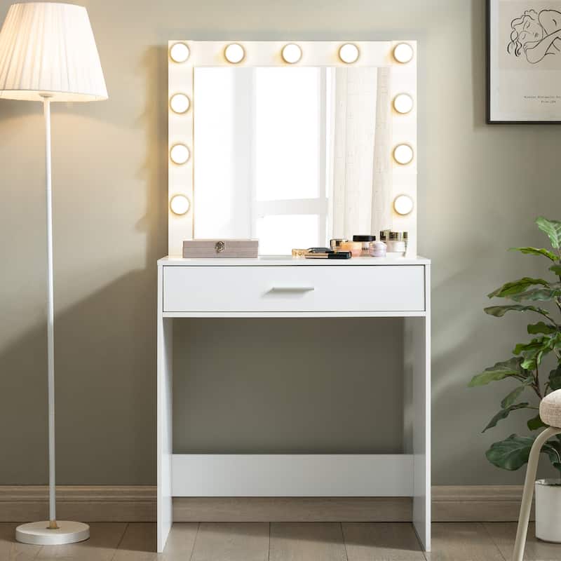 LED Mirror Vanity Dressing Table with Lights for Women & Girls - 3-Color Adjustable Light Strips, 2 Large Drawers