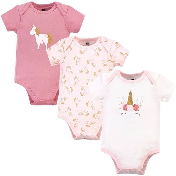 slide 1 of 1, Hudson Baby Infant Girl Cotton Bodysuits 3pk, Gold Pink Unicorn 0-3 Months - Gold Pink Unicorn