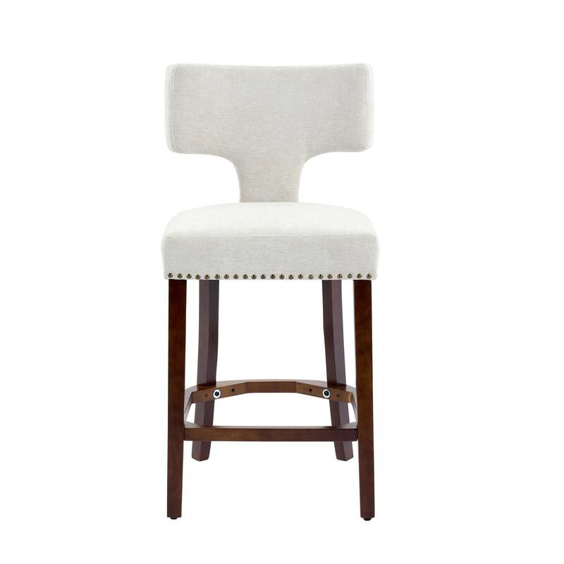 Counter Height Bar Stools Set of 2, Farmhouse Linen Fabric Upholstered Accent Chair Curved Backrest with Copper Nails around