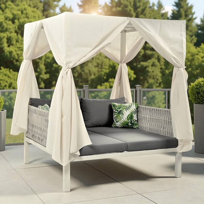 Outdoor Patio Rattan Canopy Daybed Sunbed with Curtain and Woven Rope Arm - Gray+Beige