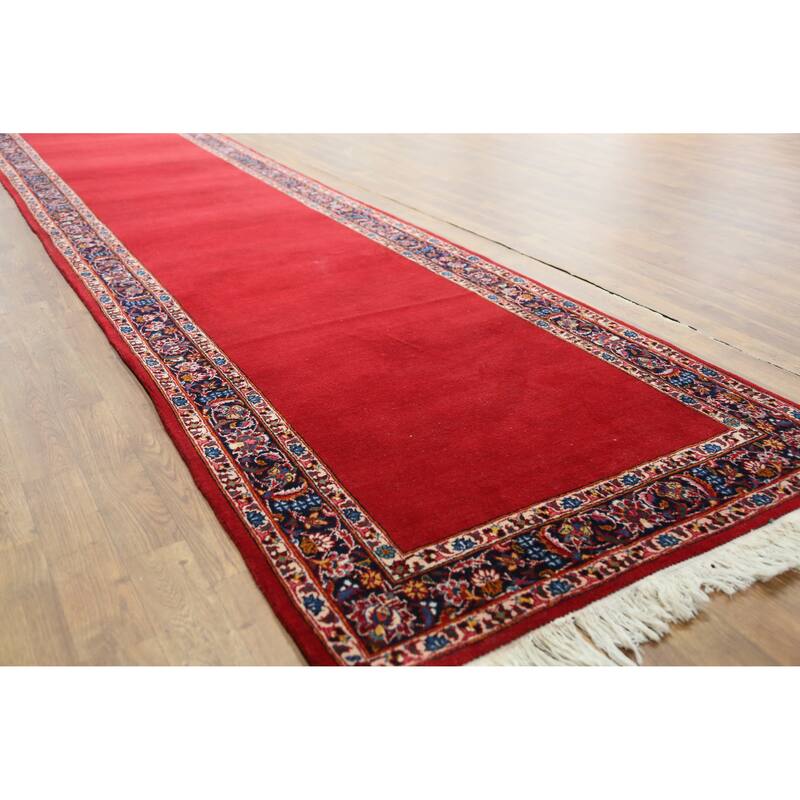 Hand Knotted Oriental 100% Wool Carpet Traditional Solid Red Kashan Runner Rug - 32' 7'' X 3' 3''