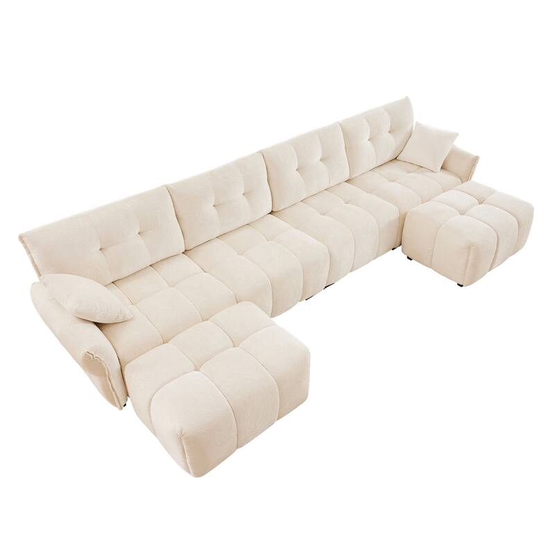 141.7" Chenille 4-Seater Sofa Set with 2 Ottomans, Solid Wood Frame and High-Resilience Cushions