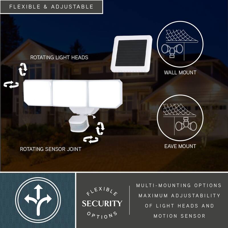 Solar Powered Outdoor Security LED Flood Light White, Motion Sensor, Dusk to Dawn, Battery Backup