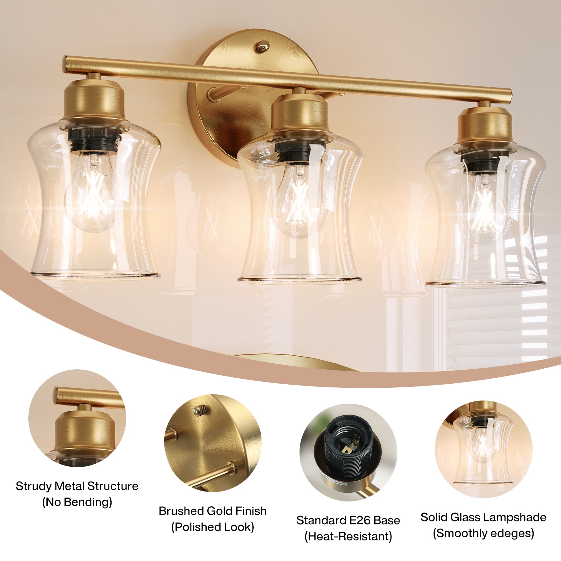 3-Light Gold Bathroom Light Fixtures, Modern Wall Lights Bed
