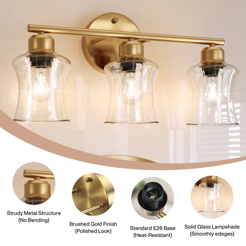 3-Light Gold Bathroom Light Fixtures, Modern Wall Lights
