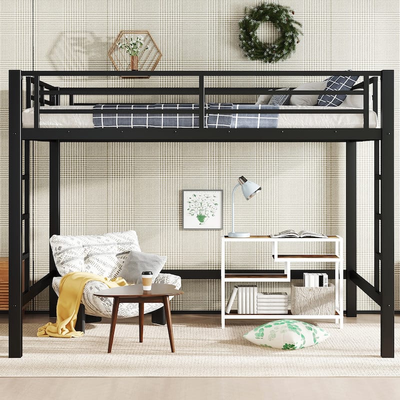 Queen Size Metal Loft Bed, Loft Bed with Easy Climbing Ladder and Guardrails , Black