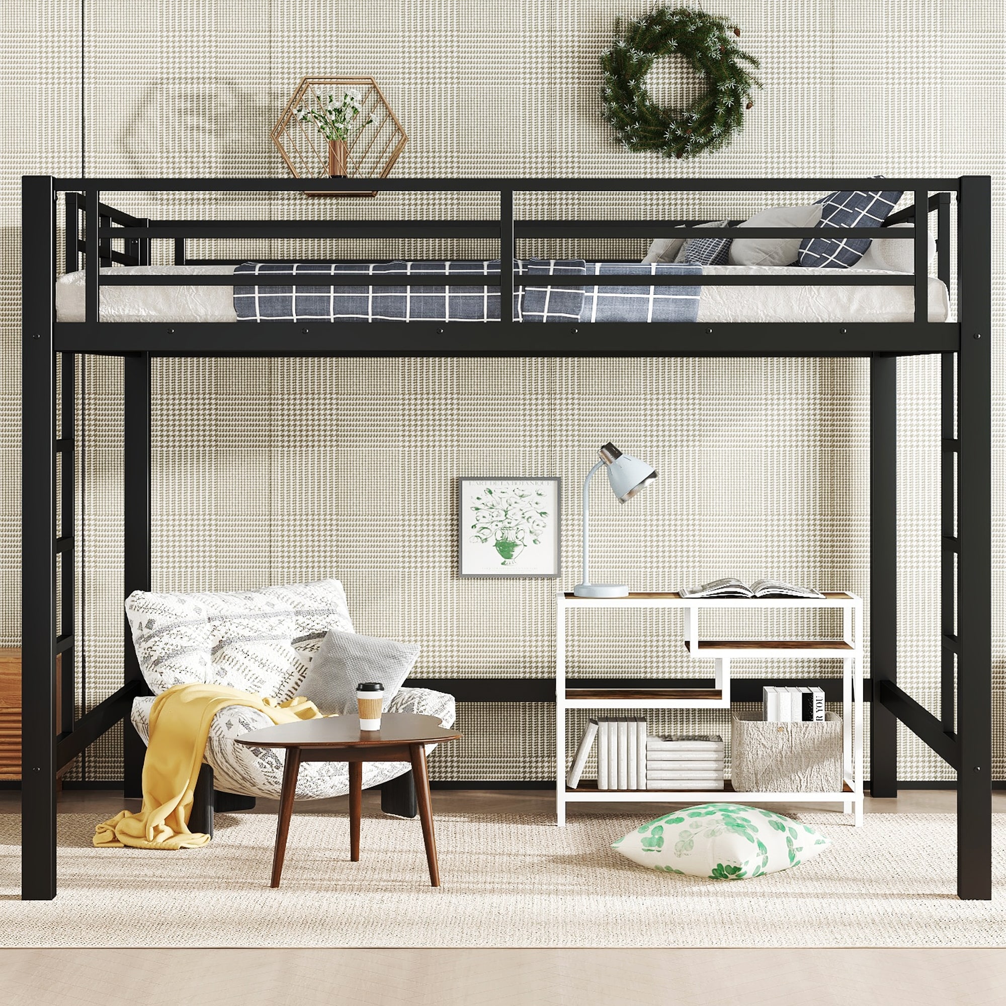Queen Size Metal Loft Bed Frame with Ladders and Guardrails