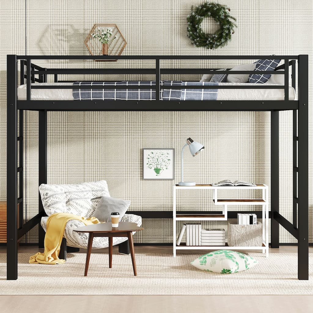 Queen Size Metal Loft Bed Frame with Ladders and Guardrails