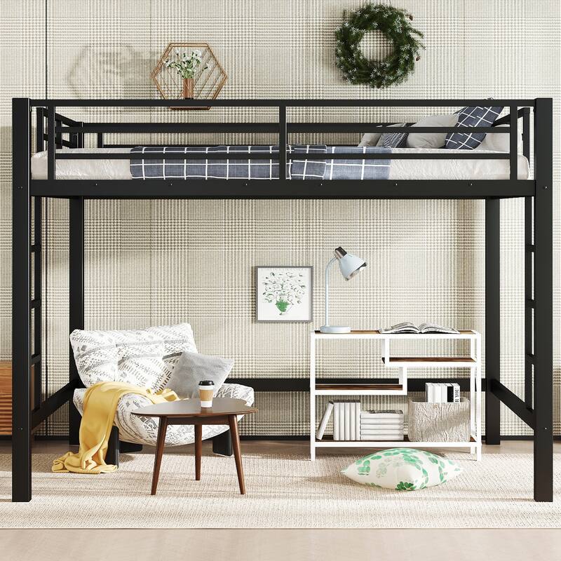 Roomfitters Queen Metal Loft Bed with Dual Ladders, High Sleeper Frame with Under-Bed Space, Black - Black