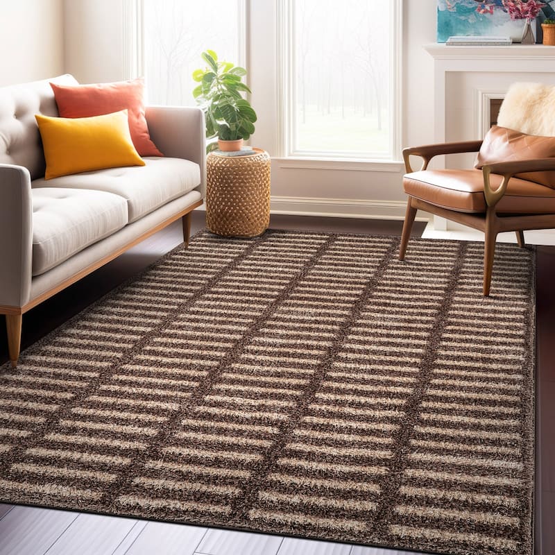 Bohemian Stripe Lines Shag Rug - Textured Surface - Anthracite Dark Gray - Easy to Clean - Beige - 5' x 7'