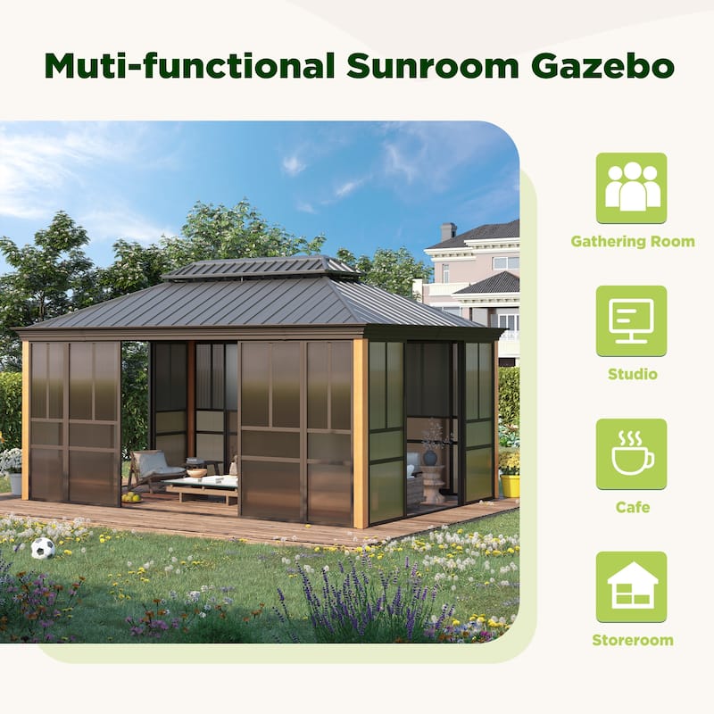 Outdoor Solarium Sunroom,Patio Hardtop Gazebo,All-Season Aluminum Patio Gazebo with with Sliding Doors and Screens