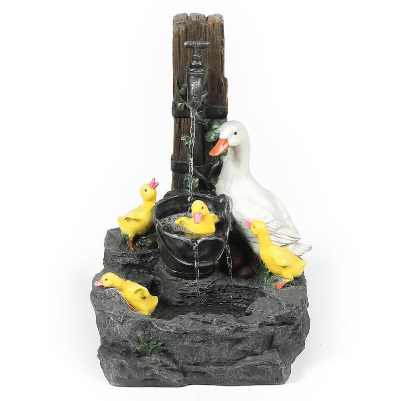 Resin Duck Family and Water Faucet Outdoor Patio Fountain