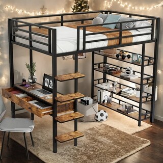 Black Metal Full Size Loft bed with Desk and Shelves
