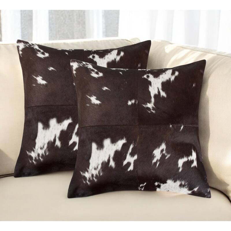 Set of Two 18" Chocolate and White Cowhide Cowhide Throw Pillows - White